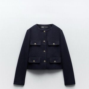 Zara XS Cropped Navy Old Money Jacket Gold Button Front Structured NWT